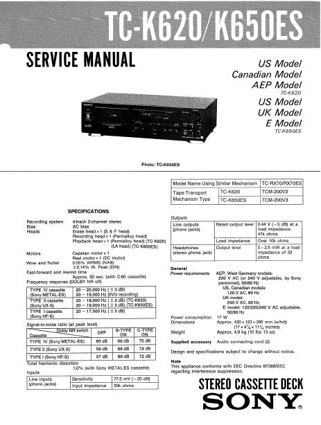 SONY TC-K620 TC-K650ES STEREO CASSETTE TAPE DECK SERVICE MANUAL INC PCBS SCHEM DIAGS AND PARTS LIST 24 PAGES ENG