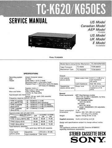 SONY TC-K620 TC-K650ES STEREO CASSETTE TAPE DECK SERVICE MANUAL INC PCBS SCHEM DIAGS AND PARTS LIST 24 PAGES ENG