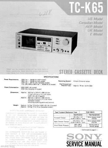 SONY TC-K65 STEREO CASSETTE TAPE DECK SERVICE MANUAL INC BLK DIAGS PCBS SCHEM DIAGS AND PARTS LIST 35 PAGES ENG