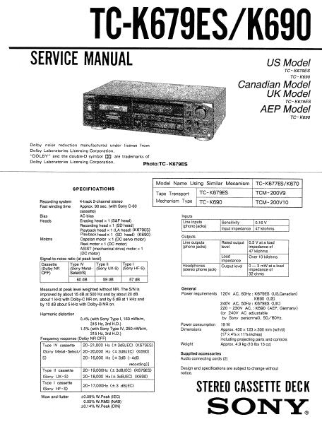 SONY TC-K679ES TC-K690 STEREO CASSETTE TAPE DECK SERVICE MANUAL INC PCBS SCHEM DIAG AND PARTS LIST 30 PAGES ENG