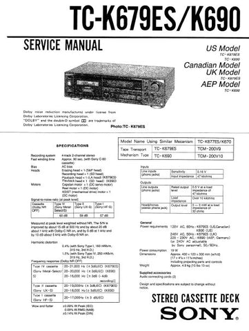 SONY TC-K679ES TC-K690 STEREO CASSETTE TAPE DECK SERVICE MANUAL INC PCBS SCHEM DIAG AND PARTS LIST 30 PAGES ENG