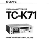 SONY TC-K71 STEREO CASSETTE DECK OPERATING INSTRUCTIONS 16 PAGES ENG