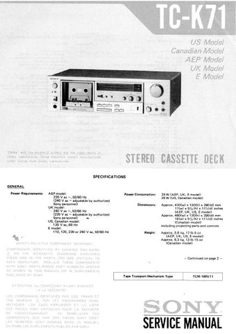 SONY TC-K71 STEREO CASSETTE TAPE DECK SERVICE MANUAL INC BLK DIAGS PCBS SCHEM DIAGS AND PARTS LIST 38 PAGES ENG