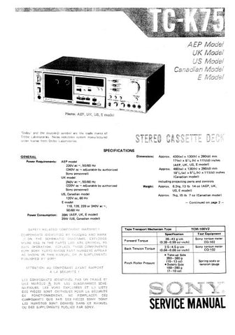 SONY TC-K75 STEREO CASSETTE TAPE DECK SERVICE MANUAL INC BLK DIAGS PCBS SCHEM DIAGS AND PARTS LIST 35 PAGES ENG