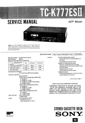 SONY TC-K777ESII STEREO CASSETTE TAPE DECK SERVICE MANUAL INC BLK DIAGS PCBS SCHEM DIAGS AND PARTS LIST 39 PAGES ENG