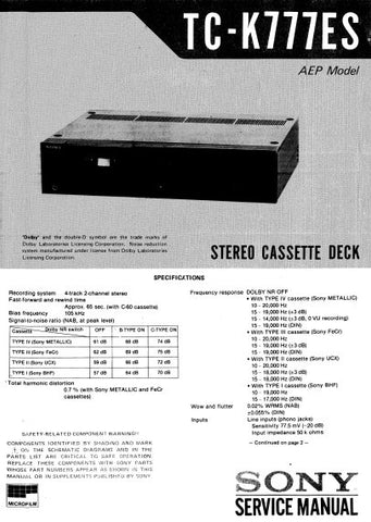 SONY TC-K777ES STEREO CASSETTE TAPE DECK SERVICE MANUAL INC BLK DIAGS PCBS SCHEM DIAGS AND PARTS LIST 57 PAGES ENG