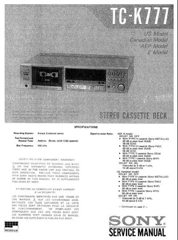 SONY TC-K777 STEREO CASSETTE TAPE DECK SERVICE MANUAL INC BLK DIAGS PCBS SCHEM DIAGS AND PARTS LIST 65 PAGES ENG