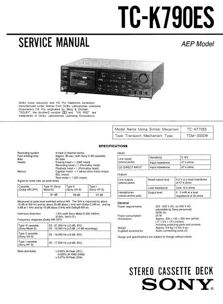 SONY TC-K790ES STEREO CASSETTE TAPE DECK SERVICE MANUAL INC BLK DIAG PCBS SCHEM DIAGS AND PARTS LIST 42 PAGES ENG