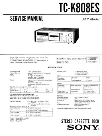 SONY TC-K808ES STEREO CASSETTE TAPE DECK SERVICE MANUAL INC BLK DIAG PCBS SCHEM DIAGS AND PARTS LIST 39 PAGES ENG