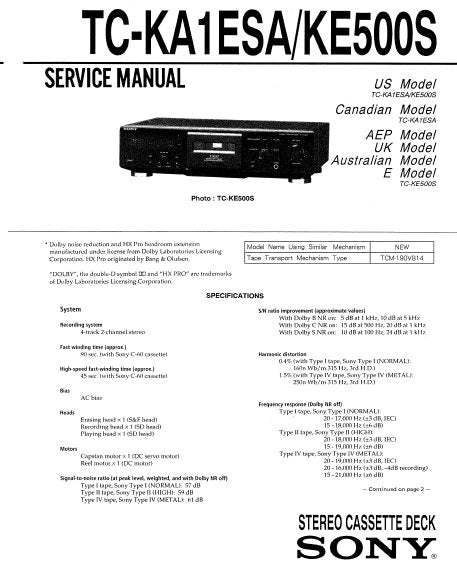 SONY TC-KA1ESA TC-KE500S STEREO CASSETTE TAPE DECK SERVICE MANUAL INC BLK DIAG PCBS SCHEM DIAGS AND PARTS LIST 32 PAGES ENG