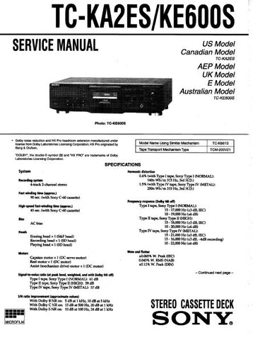 SONY TC-KA2ES TC-KE600S STEREO CASSETTE TAPE DECK SERVICE MANUAL INC PCBS SCHEM DIAG AND PARTS LIST 34 PAGES ENG