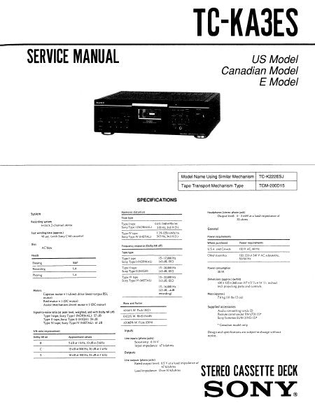 SONY TC-KA3ES STEREO CASSETTE TAPE DECK SERVICE MANUAL INC BLK DIAG PCBS SCHEM DIAGS AND PARTS LIST 45 PAGES ENG