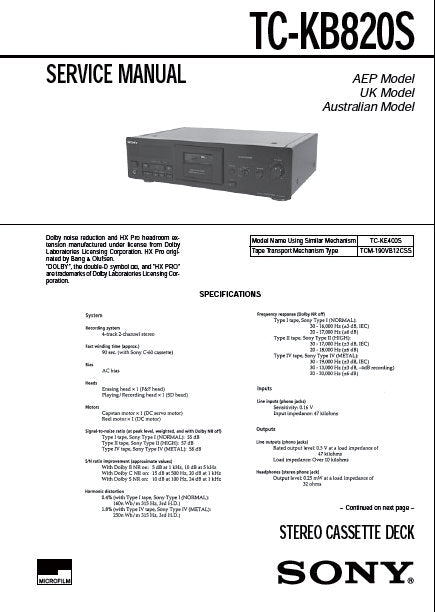SONY TC-KB820S STEREO CASSETTE TAPE DECK SERVICE MANUAL INC PCBS SCHEM DIAGS AND PARTS LIST 36 PAGES ENG