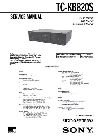 SONY TC-KB820S STEREO CASSETTE TAPE DECK SERVICE MANUAL INC PCBS SCHEM DIAGS AND PARTS LIST 36 PAGES ENG