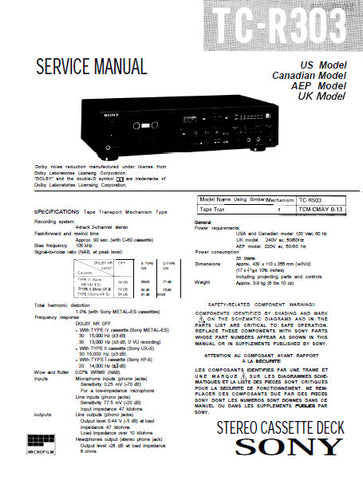 SONY TC-R303 STEREO CASSETTE TAPE DECK SERVICE MANUAL INC BLK DIAG PCBS SCHEM DIAGS AND PARTS LIST 26 PAGES ENG