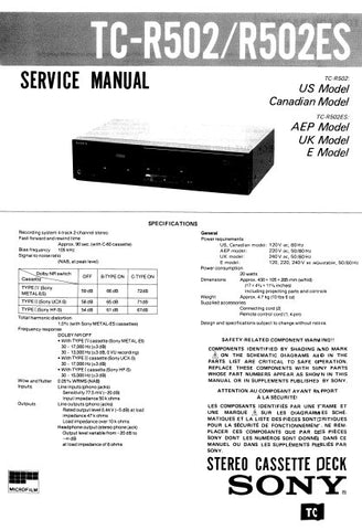 SONY TC-R502 TC-R502ES STEREO CASSETTE TAPE DECK SERVICE MANUAL INC BLK DIAG PCBS SCHEM DIAGS AND PARTS LIST 28 PAGES ENG
