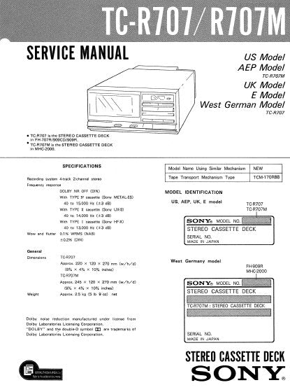 SONY TC-R707 TC-R707M STEREO CASSETTE TAPE DECK SERVICE MANUAL INC PCBS SCHEM DIAG AND PARTS LIST 15 PAGES ENG