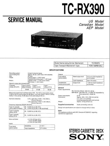 SONY TC-RX390 STEREO CASSETTE TAPE DECK SERVICE MANUAL INC BLK DIAG PCBS SCHEM DIAG AND PARTS LIST 25 PAGES ENG