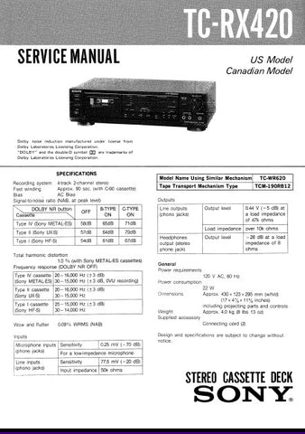 SONY TC-RX420 STEREO CASSETTE TAPE DECK SERVICE MANUAL INC PCBS SCHEM DIAG AND PARTS LIST 18 PAGES ENG
