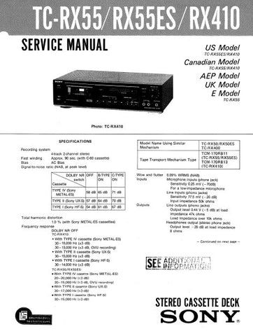 SONY TC-RX55 TC-RX55ES TC-RX410 STEREO CASSETTE TAPE DECK SERVICE MANUAL INC PCBS SCHEM DIAG AND PARTS LIST 21 PAGES ENG