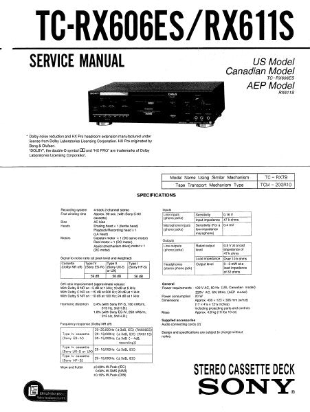 SONY TC-RX606ES TC-RX611S STEREO CASSETTE TAPE DECK SERVICE MANUAL INC BLK DIAG PCBS SCHEM DIAG AND PARTS LIST 26 PAGES ENG