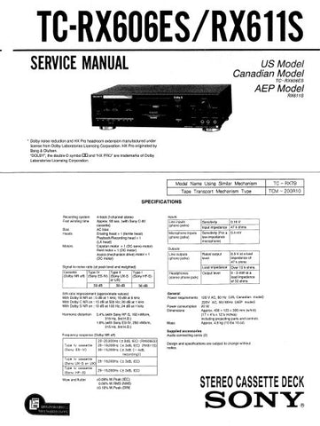 SONY TC-RX606ES TC-RX611S STEREO CASSETTE TAPE DECK SERVICE MANUAL INC BLK DIAG PCBS SCHEM DIAG AND PARTS LIST 26 PAGES ENG