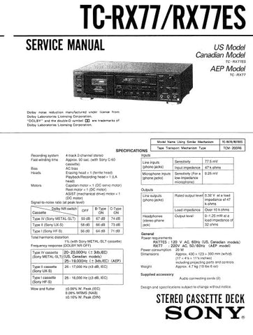 SONY TC-RX77 TC-RX77ES STEREO CASSETTE TAPE DECK SERVICE MANUAL INC PCBS SCHEM DIAG AND PARTS LIST 24 PAGES ENG