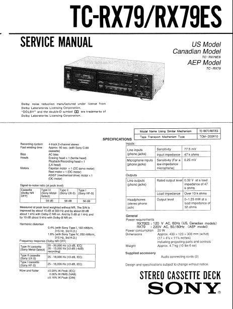 SONY TC-RX79 TC-RX79ES STEREO CASSETTE TAPE DECK SERVICE MANUAL INC BLK DIAG PCBS SCHEM DIAG AND PARTS LIST 26 PAGES ENG