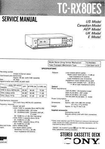 SONY TC-RX80ES STEREO CASSETTE TAPE DECK SERVICE MANUAL INC PCBS SCHEM DIAGS AND PARTS LIST 40 PAGES ENG