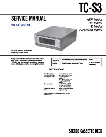 SONY TC-S3 STEREO CASSETTE TAPE DECK SERVICE MANUAL INC PCBS SCHEM DIAGS AND PARTS LIST 30 PAGES ENG