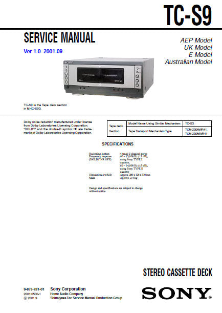 SONY TC-S9 STEREO CASSETTE TAPE DECK SERVICE MANUAL INC PCBS SCHEM DIAGS AND PARTS LIST 30 PAGES ENG