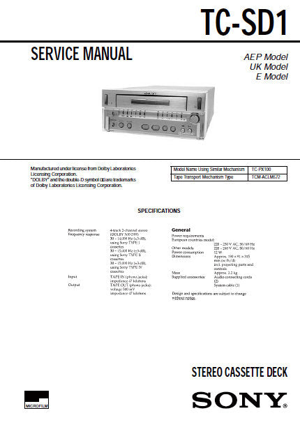 SONY TC-SD1 STEREO CASSETTE TAPE DECK SERVICE MANUAL INC PCBS SCHEM DIAGS AND PARTS LIST 32 PAGES ENG