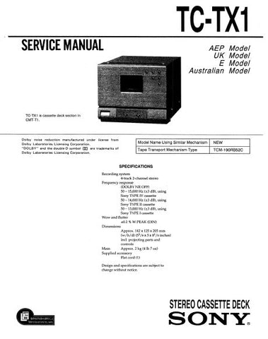 SONY TC-TX1 STEREO CASSETTE TAPE DECK SERVICE MANUAL INC PCBS SCHEM DIAG AND PARTS LIST 22 PAGES ENG