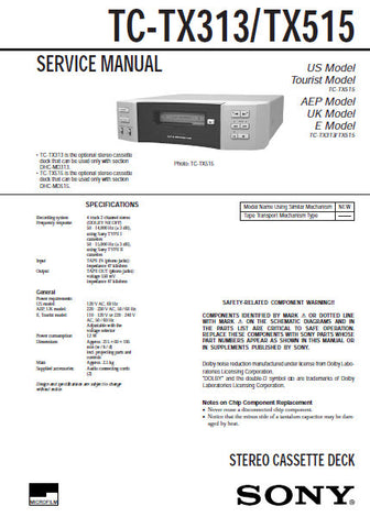 SONY TC-TX313 STEREO CASSETTE TAPE DECK SERVICE MANUAL INC PCBS SCHEM DIAG AND PARTS LIST 34 PAGES ENG