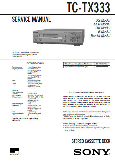 SONY TC-TX333 STEREO CASSETTE TAPE DECK SERVICE MANUAL INC PCBS SCHEM DIAGS AND PARTS LIST 34 PAGES ENG