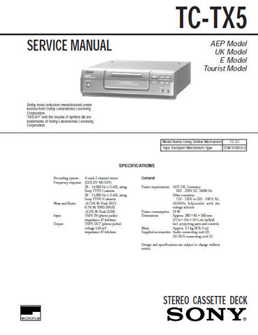 SONY TC-TX5 STEREO CASSETTE TAPE DECK SERVICE MANUAL INC PCBS SCHEM DIAG AND PARTS LIST 22 PAGES ENG