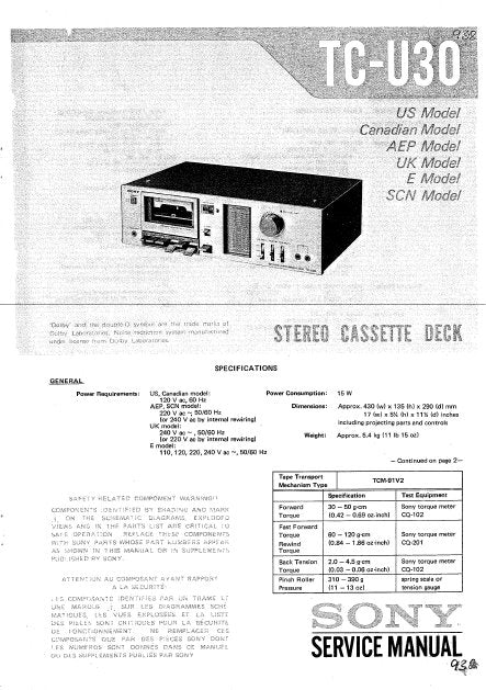 SONY TC-U30 STEREO CASSETTE TAPE DECK SERVICE MANUAL INC BLK DIAG PCBS SCHEM DIAG AND PARTS LIST 32 PAGES ENG