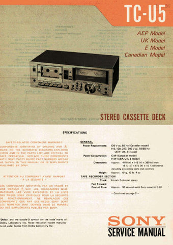 SONY TC-U5 STEREO CASSETTE TAPE DECK SERVICE MANUAL INC BLK DIAG PCBS SCHEM DIAG AND PARTS LIST 20 PAGES ENG