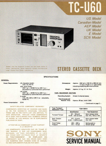 SONY TC-U60 STEREO CASSETTE TAPE DECK SERVICE MANUAL INC BLK DIAG PCBS SCHEM DIAGS AND PARTS LIST 32 PAGES ENG