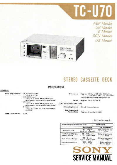 SONY TC-U70 STEREO CASSETTE TAPE DECK SERVICE MANUAL INC BLK DIAG PCBS SCHEM DIAG AND PARTS LIST 45 PAGES ENG