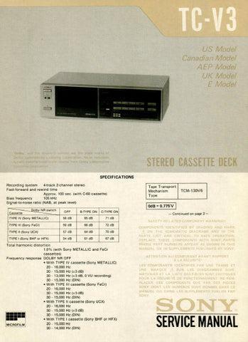 SONY TC-V3 STEREO CASSETTE TAPE DECK SERVICE MANUAL INC BLK DIAG PCBS SCHEM DIAG AND PARTS LIST 18 PAGES ENG