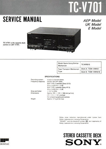 SONY TC-V701 STEREO CASSETTE TAPE DECK SERVICE MANUAL INC PCBS SCHEM DIAG AND PARTS LIST 18 PAGES ENG