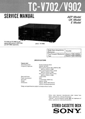 SONY TC-V702 TC-V902 STEREO CASSETTE TAPE DECK SERVICE MANUAL INC PCBS SCHEM DIAG AND PARTS LIST 19 PAGES ENG