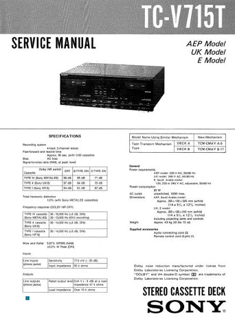 SONY TC-V715T STEREO CASSETTE TAPE DECK SERVICE MANUAL INC PCBS SCHEM DIAGS AND PARTS LIST 25 PAGES ENG