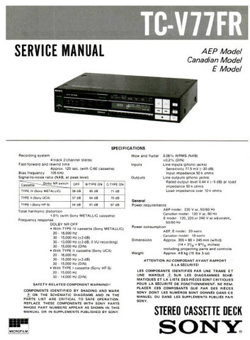 SONY TC-V77FR STEREO CASSETTE TAPE DECK SERVICE MANUAL INC BLK DIAG PCBS SCHEM DIAGS AND PARTS LIST 39 PAGES ENG