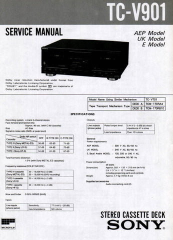 SONY TC-V901 STEREO CASSETTE TAPE DECK SERVICE MANUAL INC PCBS SCHEM DIAG AND PARTS LIST 18 PAGES ENG