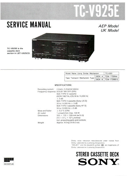 SONY TC-V925E STEREO CASSETTE TAPE DECK SERVICE MANUAL INC PCBS SCHEM DIAG AND PARTS LIST 18 PAGES ENG