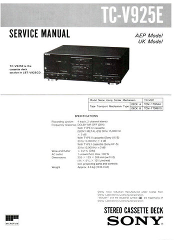 SONY TC-V925E STEREO CASSETTE TAPE DECK SERVICE MANUAL INC PCBS SCHEM DIAG AND PARTS LIST 18 PAGES ENG