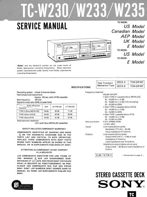 SONY TC-W230 TC-W233 TC-W235 STEREO CASSETTE TAPE DECK SERVICE MANUAL INC BLK DIAG PCBS SCHEM DIAGS AND PARTS LIST 34 PAGES ENG