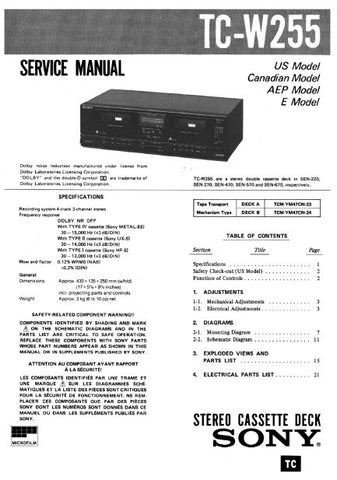 SONY TC-W255 STEREO CASSETTE TAPE DECK SERVICE MANUAL INC PCBS SCHEM DIAG AND PARTS LIST 21 PAGES ENG